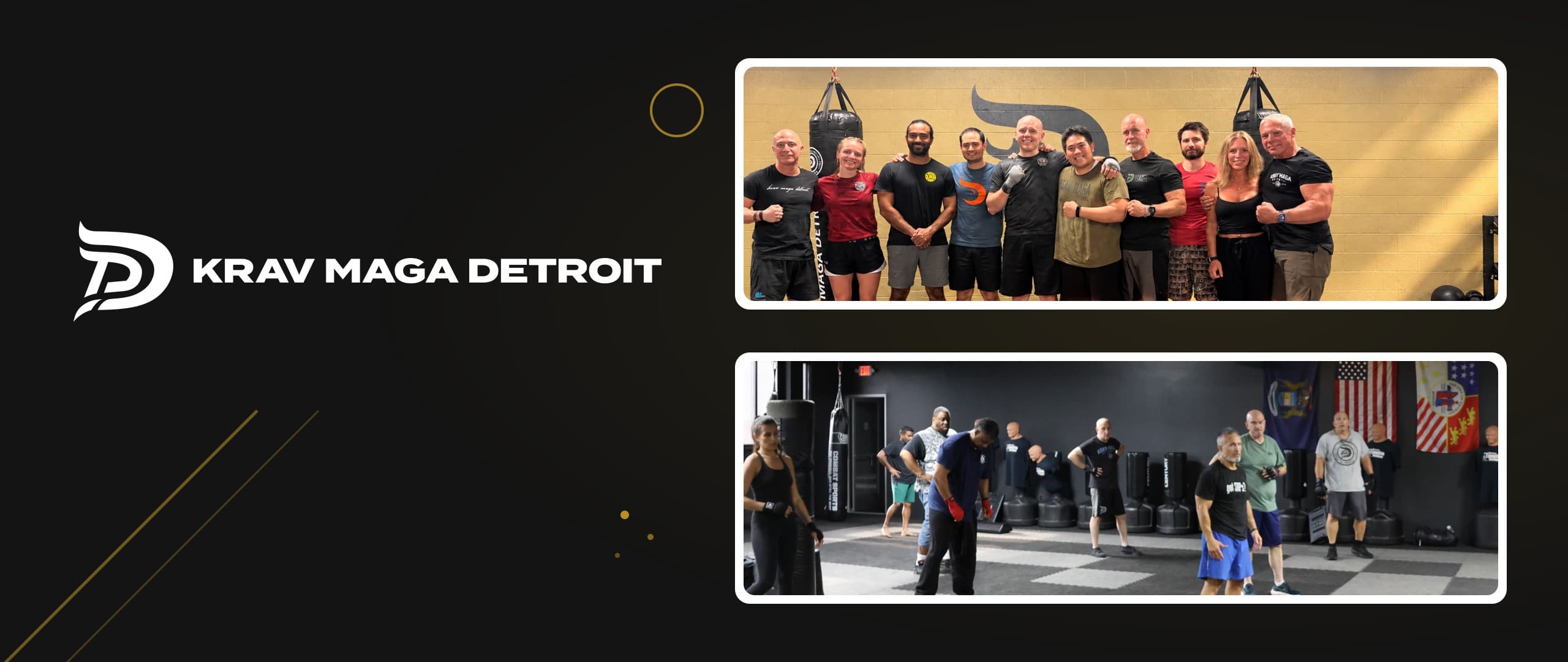 Krav Maga Detroit logo beside photos of the KMD team in front of the gym's emblem wall and a class training on the mats